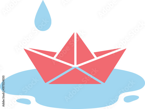 Red paper boat floating in water puddle with falling drop on transparent background, simple illustration.