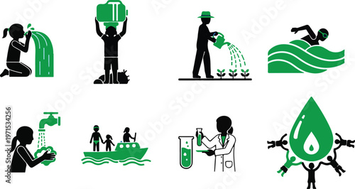 Set of green icons illustrating water usage like drinking watering plants swimming washing hands and scientific research.