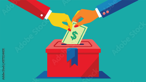 Donation Box with Dollar Bill Being Inserted: An illustration showing two hands, one yellow and one orange, inserting a dollar bill with a green symbol into a red donation box with a blue ribbon