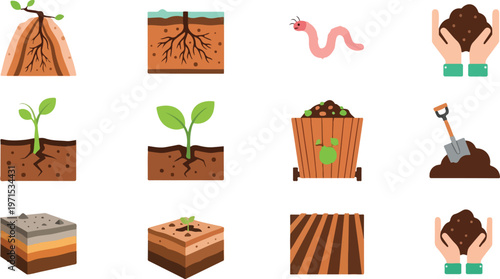 Set of soil icons representing earth health and nature conservation depicting various stages of growth and composition.