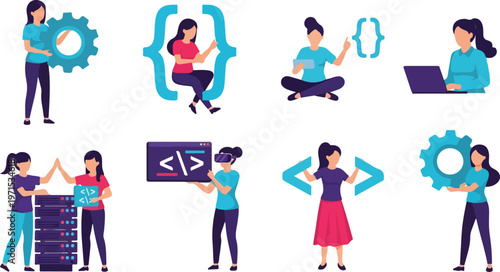 Software developer women working with code laptop server racks vr headset and engineering gears in flat vector style.