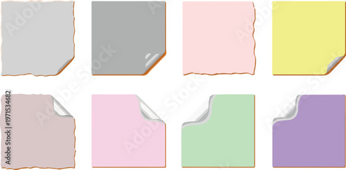 Sticky note paper collection with curled corners and torn edges for office reminders and school supplies stationary art.