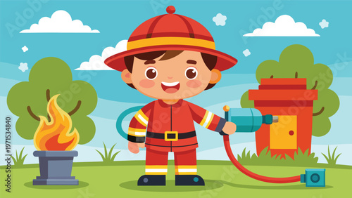 Cheerful kid firefighter spraying water from hose playful safety hero illustration for children fire safety education