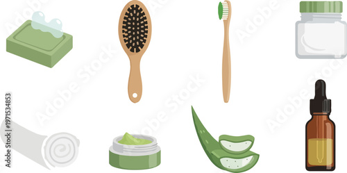 Various natural beauty and skincare products including soap, hairbrush, toothbrush, cream jars, aloe vera, and essential oil.