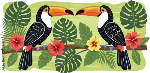Two toucans on a branch with tropical leaves and hibiscus flowers vector illustration summer nature background design.