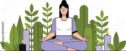 Woman practicing yoga and meditation in lotus pose surrounded by lush green tropical plants and purple burning candles.