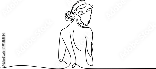 Woman standing back view continuous line drawing minimal silhouette style female figure icon vector illustration