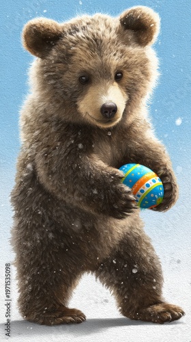 Whimsical easter joy featuring a playful bear cub and egg. Simple life. Spring fantasy: bear cub with decorated easter egg and blossoms. Real moment. Feature story.