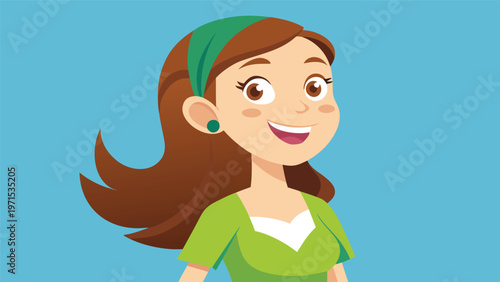 Friendly young woman avatar with green headband and bright smile cheerful flat vector portrait on teal background