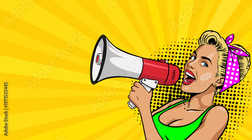Pop Art Blonde Woman with Pink Headscarf Shouting into Red Megaphone - Girl on Yellow Sunburst Background