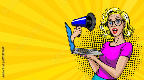 Pop Art Blonde Woman with Glasses Holding Laptop and Blue Megaphone - Girl with Pink Shirt on Yellow Sunburst Background