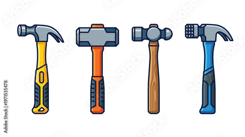 Four different colored hammers side by side.