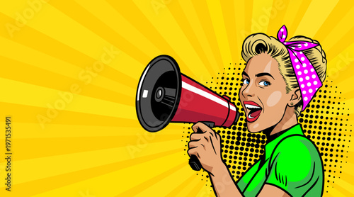 Pop Art Blonde Woman with Pink Headscarf Holding Megaphone - Girl with Green Shirt on Yellow Sunburst Background