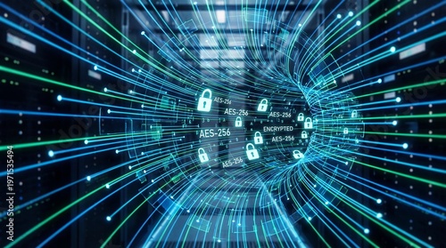 Encrypted data transfer with AES-256 encryption in a secure server room
