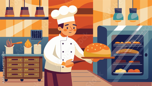 Smiling baker presenting a freshly baked loaf in a warm, cozy bakery kitchen friendly chef character illustration