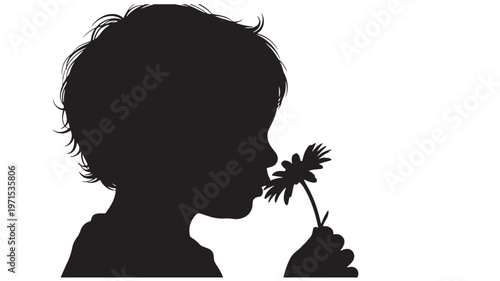 Silhouette of a child's profile smelling a delicate flower with curly hair and a white background. featuring scent, nature, childhood with innocence