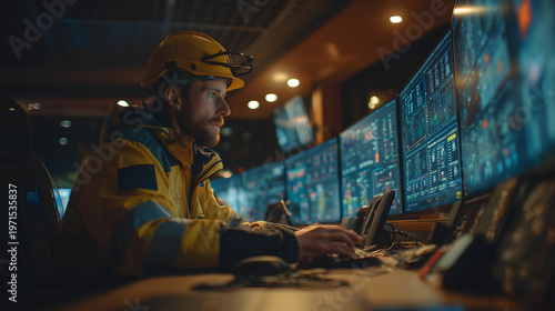 Focused engineer working at multiple digital screens in a dark operations room, creating a high-tech monitoring scene with industrial intensity and modern control center atmosphere.
