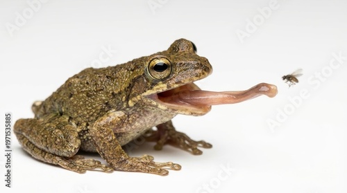Foto Brown Green Frog Lunging to Catch a Fly