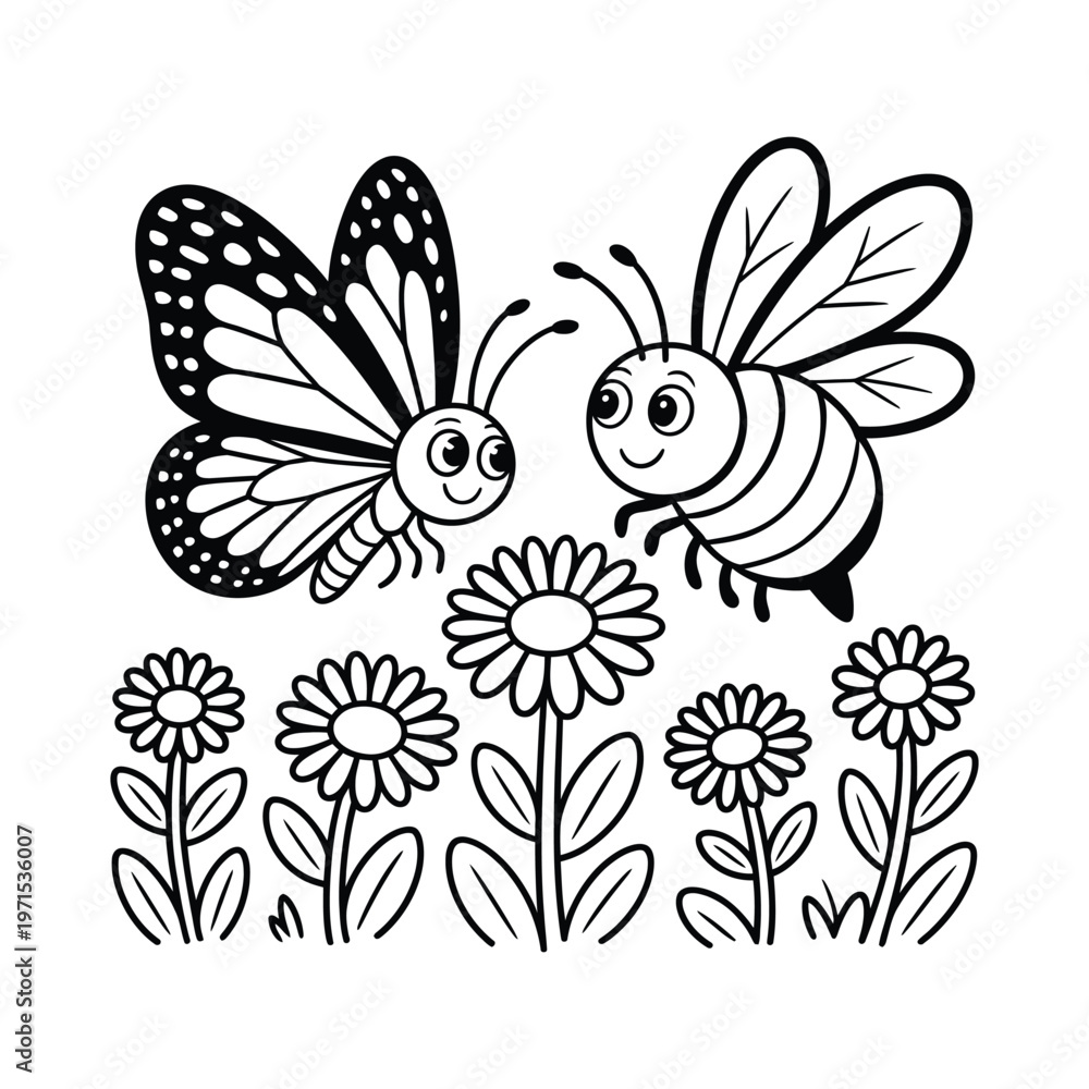 Obraz premium Butterfly and bee flying over flowers coloring page for kids vector illustration