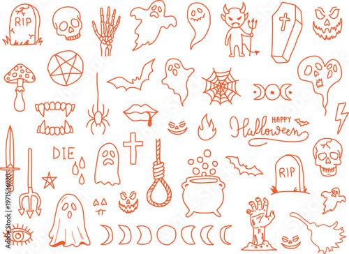 Halloween hand draw doodle icon set. illustration for seasonal design, textile, decoration kids playroom or greeting card.