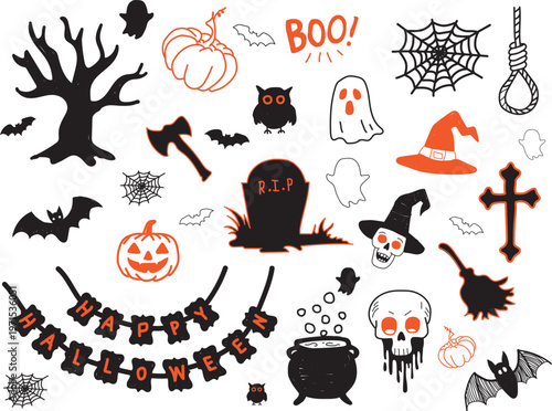 Halloween hand draw doodle icon set. illustration for seasonal design, textile, decoration kids playroom or greeting card.