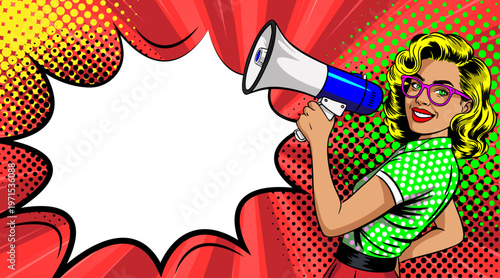 Pop Art Blonde Woman with Glasses Holding Blue Megaphone - Girl with Blank Speech Bubble on Red Sunburst Background