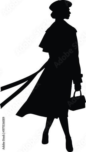 Stylish Woman in Trench Coat and Beret Holding Handbag Silhouette
