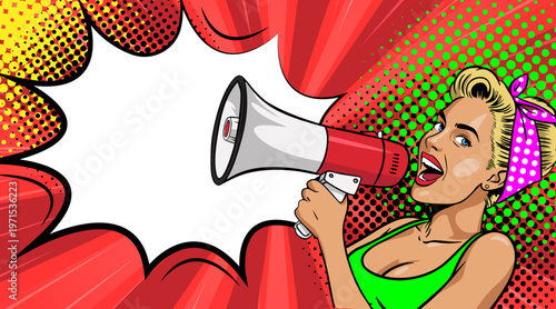 Pop Art Blonde Woman with Headscarf Holding Megaphone - Girl with Blank Speech Bubble on Red Sunburst Background