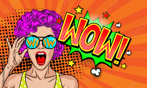 Pop Art Woman with Purple Hair Saying WOW - Surprised Girl with Sunglasses on Orange Sunburst Background