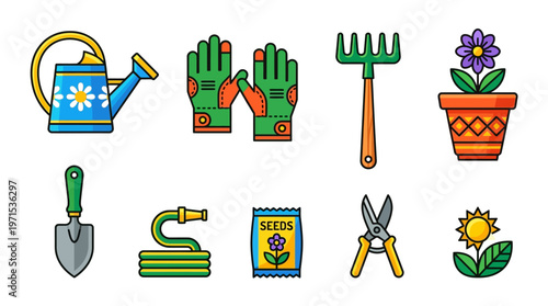 Gardening tools and flower pot icons.