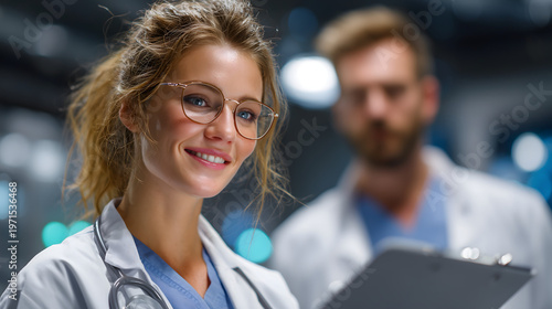 Smiling female healthcare professional in glasses with a colleague in the background, creating a warm medical teamwork portrait with confidence and modern clinical atmosphere.