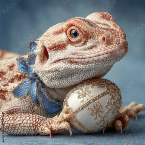 Spring joy through the eyes of a lizard with easter egg charm. Sophisticated pose. Charming lizard with easter egg in hand, gently embraced by colors. Elegant outfit. Extravagant style.