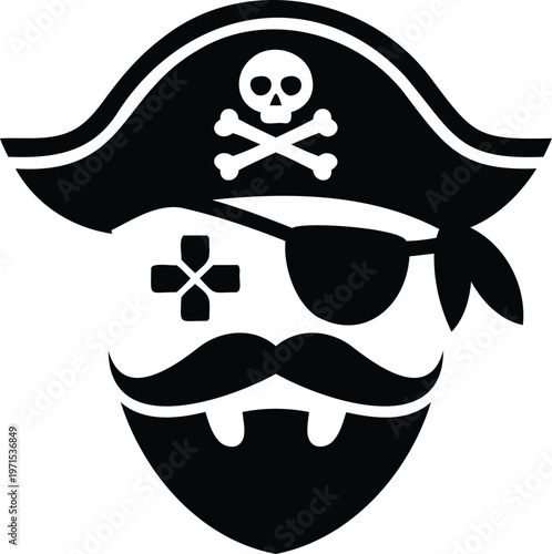 Pirate face with skull and crossbones on bandana and eye patch  iconic sea robber head
