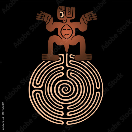 peru-kupisnike-figurine-brn-blk-maze-adFunny tribal ancestor figurine standing on a round spiral maze or labyrinth symbol. Mystery of South American indigenous culture.  