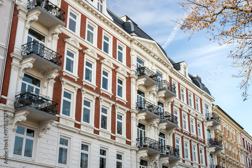 Façade of a classical old apartment house in Hamburg in North Germany