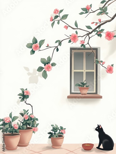 Peaceful Patio Scene with Blooming Camellias and Black Cat