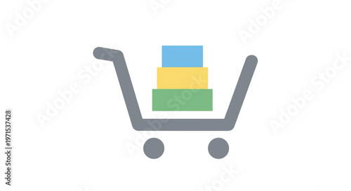 Shopping cart with colorful boxes.