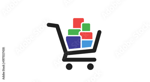 Shopping cart with colorful boxes inside.