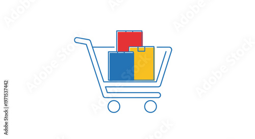 Shopping cart with colorful boxes inside.