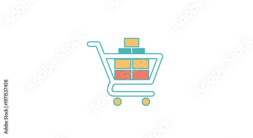 Shopping cart with colorful boxes inside.