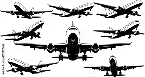 Set of Various Airplanes in Different Angles and Views for Travel, Flight, and Aviation Illustrations.