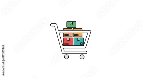 Shopping cart with colorful boxes inside.