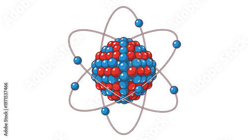 Detailed illustration of an atomic structure model with red and blue spheres and orbiting electrons on a white background.