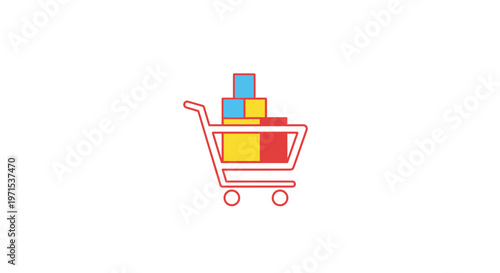 Shopping cart with colorful boxes inside.