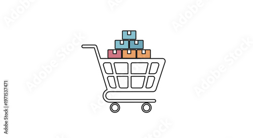 Shopping cart with colorful boxes inside.
