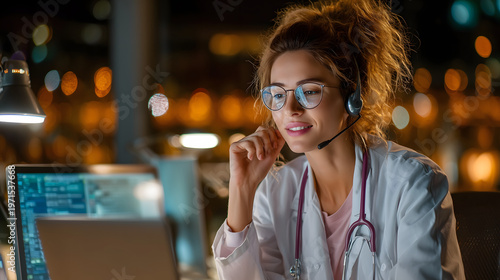 Young female healthcare professional working on a laptop at night, creating a focused digital healthcare scene with warm city lights and modern medical professionalism.
