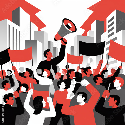 Crowd protesting with flags and megaphone on white background