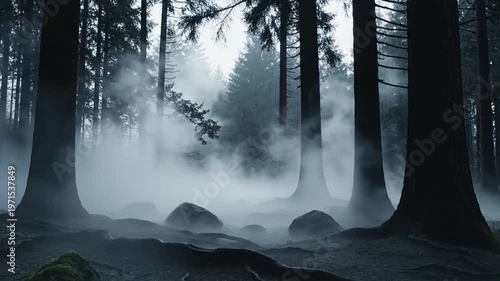 Dense, ethereal forest scene unfolds with wisps of white mist swirling around ancient, towering evergreen trees under a diffused, overcast sky, creating a mysterious and serene