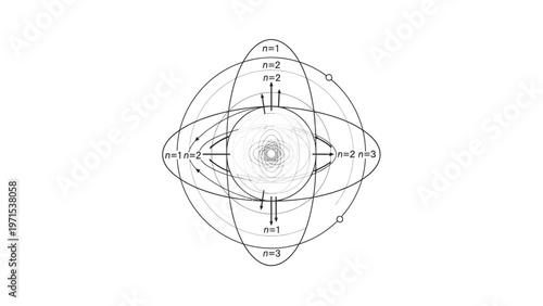Line drawing of a detailed atomic model with labeled parts on a white background in a technical illustration style.