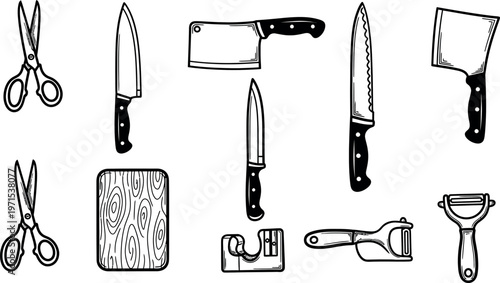 Vintage kitchen utensils a hand drawn collection of culinary tools for food preparation and cutting